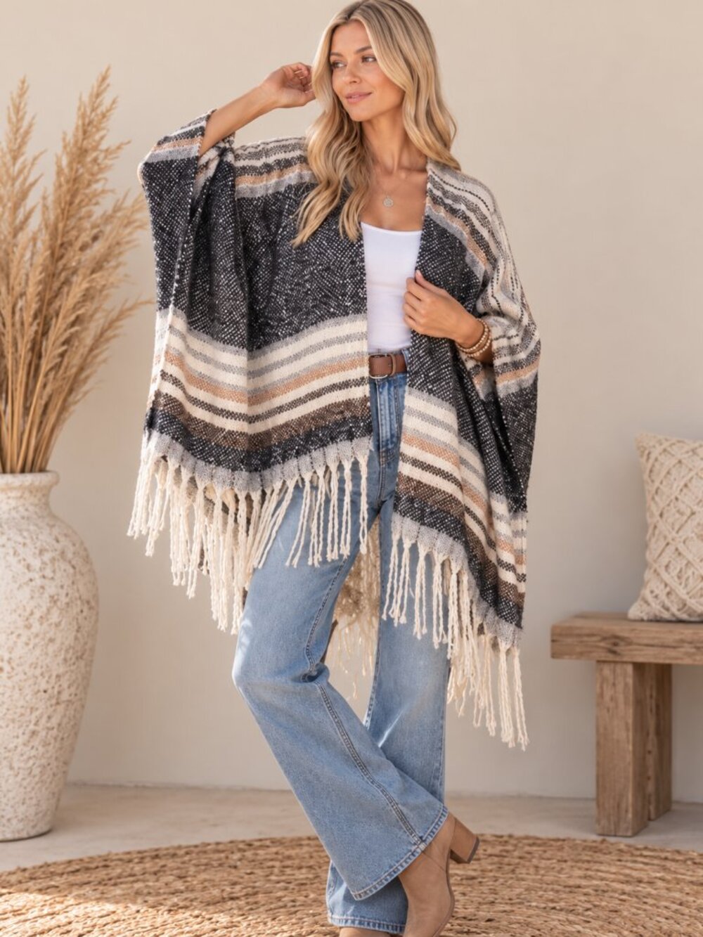 516. Women's Navy Taupe Striped Boho Fringe Poncho